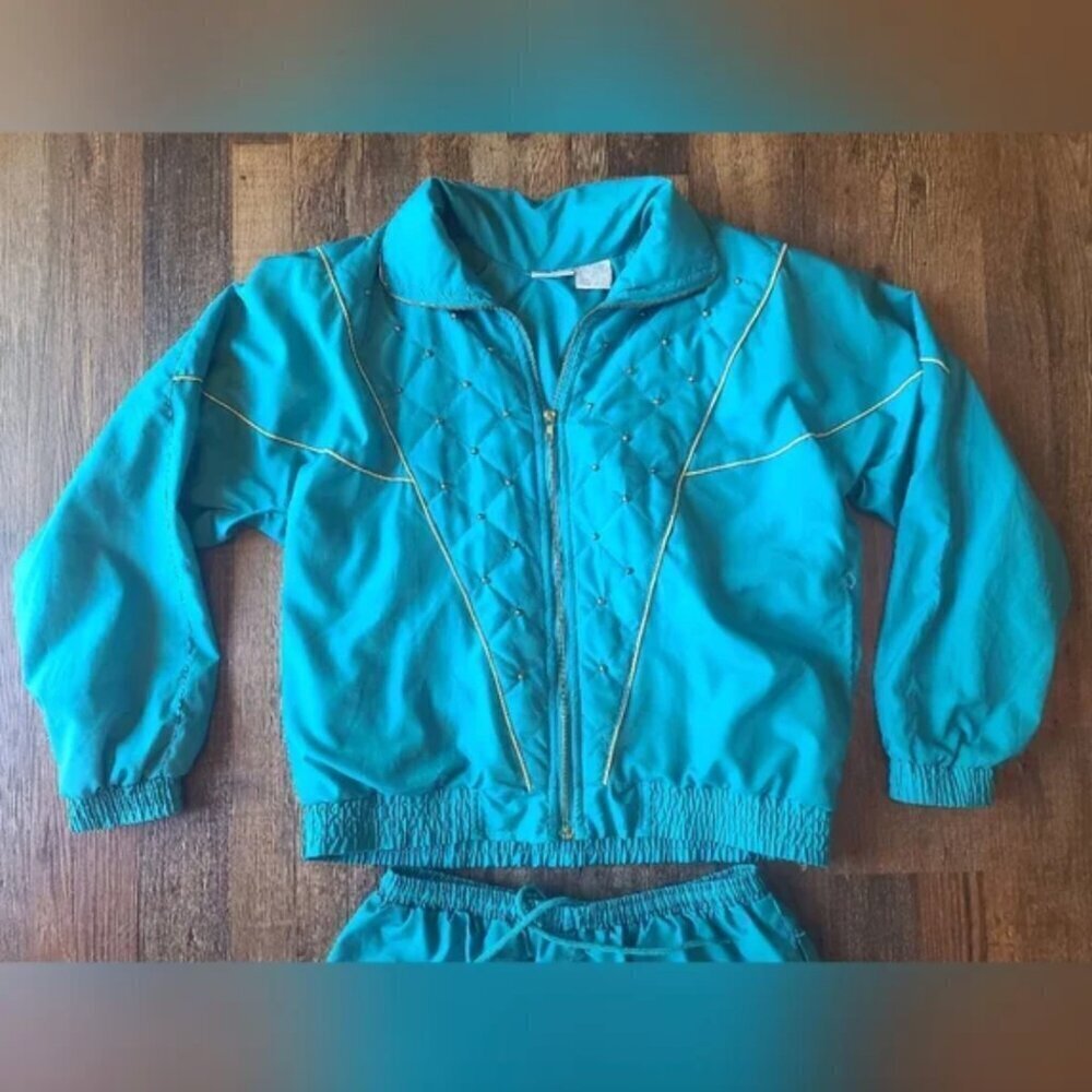 Vintage 80 90s Blair Boutique Windbreaker 2 Piece Set M Stud Blue Gold High Neck